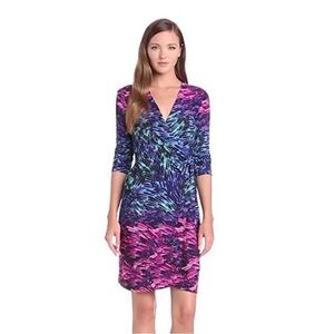 BCBGMaxAzria Adele Sea Green pink purple blue 3/4 sleeve colorful wrap dress, XS